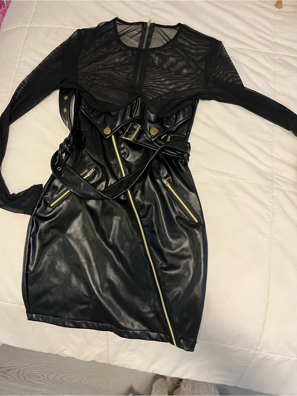 Black Faux Leather Belted Dress with Sheer Mesh Top